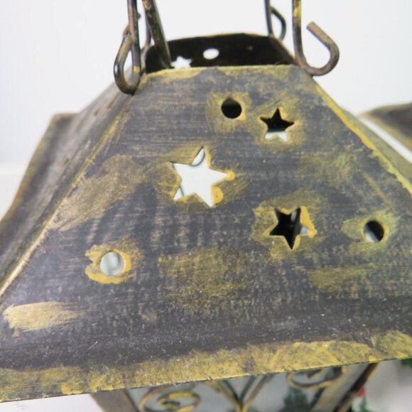 Metal (2) Lanterns Rustic Star cutouts (Holly removable) Glass inserts Door open - Picture 5 of 8